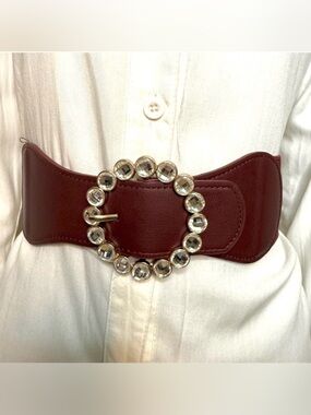 Burgundy PU leather circle buckle rhinestone details elastic waistband belt